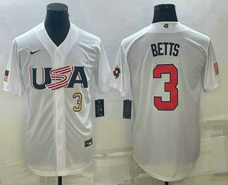 Mens USA Baseball #3 Mookie Betts Number 2023 White World Baseball Classic Replica Stitched Jersey